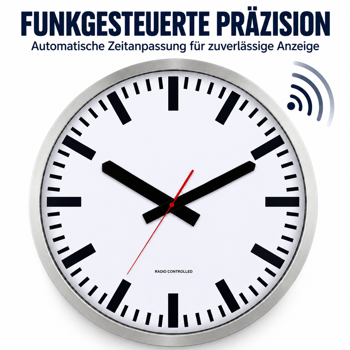 Funkwanduhr im Bahnhofsdesign, 50 cm, Aluminium und Echtglas – 56865