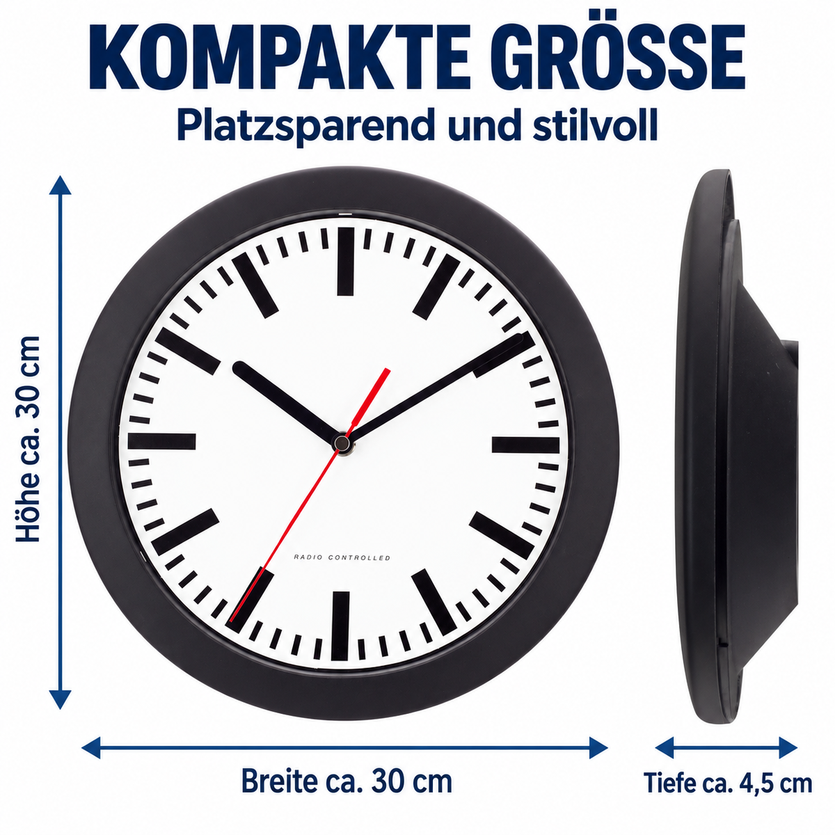 Funkwanduhr im Bahnhofsdesign, 25 cm, Schwarz – 53851