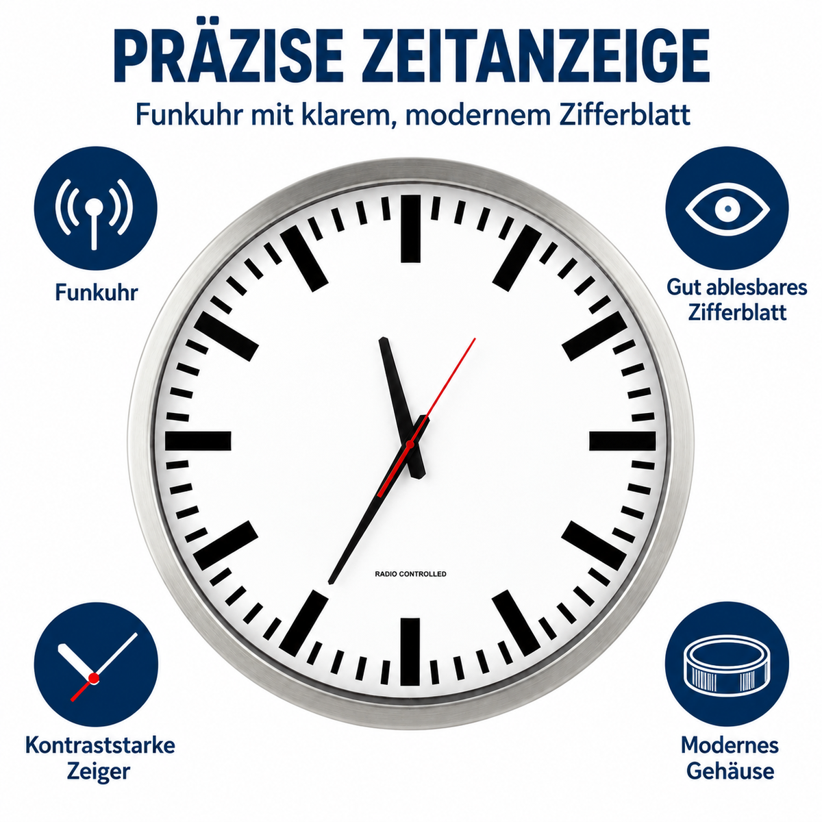 Funkwanduhr im Bahnhofsdesign, 50 cm, Aluminium und Echtglas – 56864